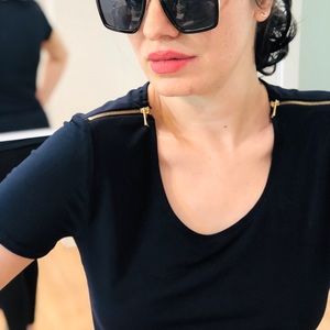 Navy jersey top with zip shoulder details